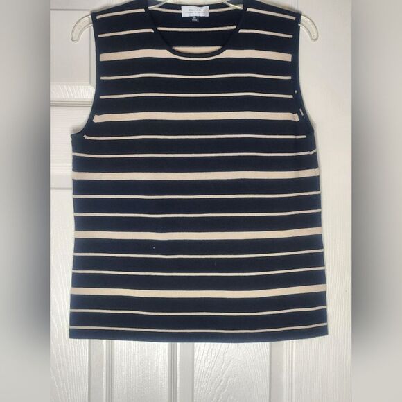 Tahari Arthur Levine 14 Stripped Black Beige Knit SILK Blend Slvlss Women Top - Picture 1 of 7